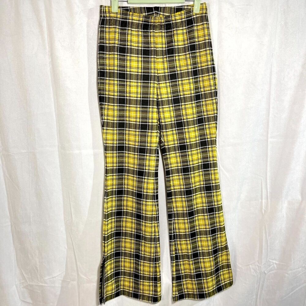 H&M Divided Pants Yellow‎ Plaid Flare Leg Size S 90s Clueless Aesthetic Slit Hem
